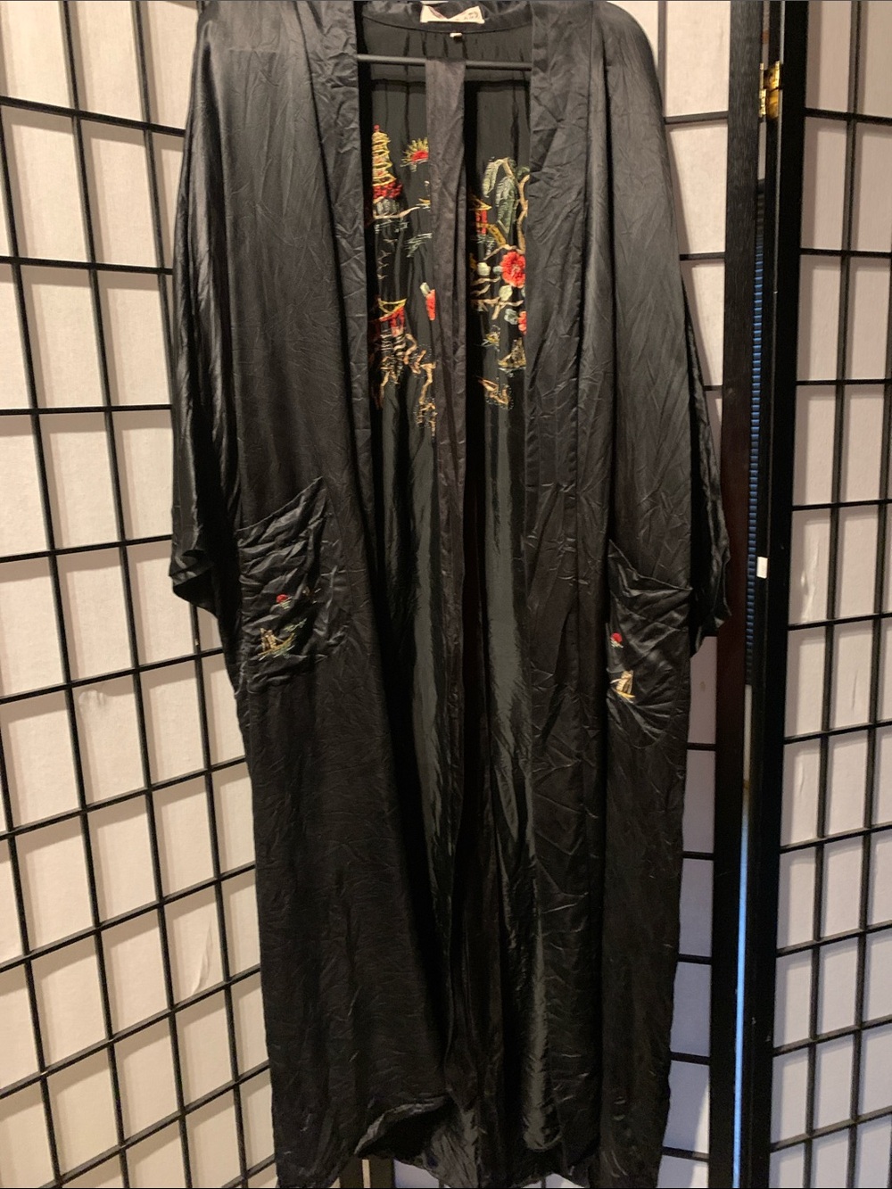 DunHuang Black Embroidered Long Satin Robe Size Medium